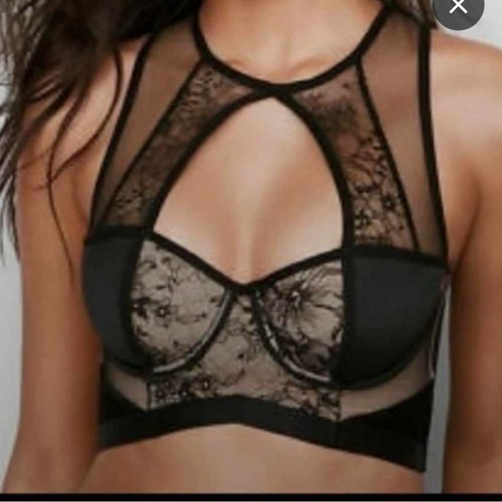 Victoria's Secret High Neck‎ Bra 34DD Sexy Lace Sheer Underwire Keyhole Back